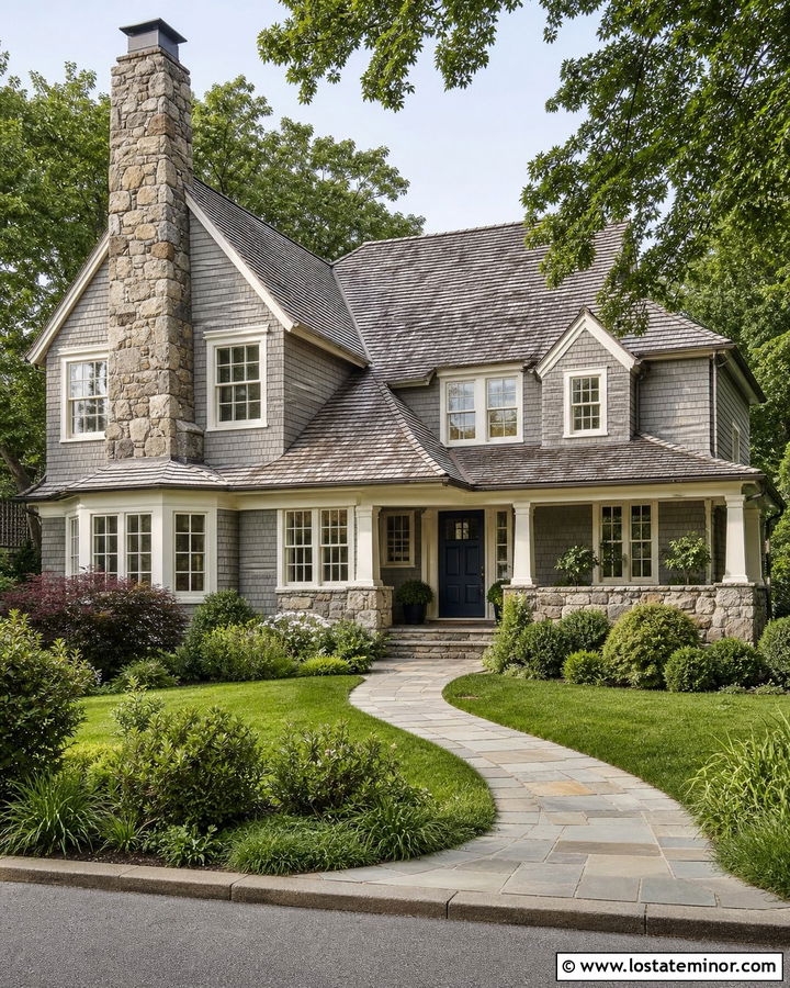 Shingle House With Stone Chimney - 30 Stone House Design With Shingles Ideas
