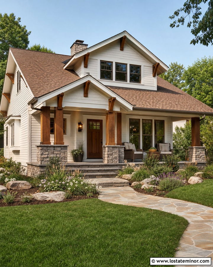 Shoji White Craftsman With Stone Porch - 30 Warm White House Design With Front Porch Ideas