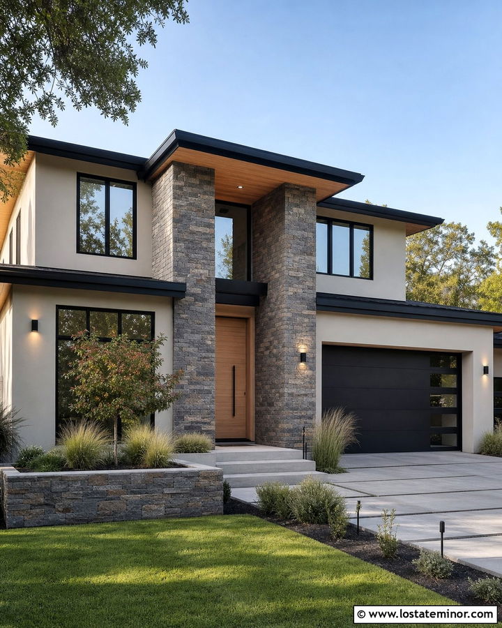Skipping Stone House With Stacked Stone Entry - 30 Greige House Design With Stone Accents Ideas