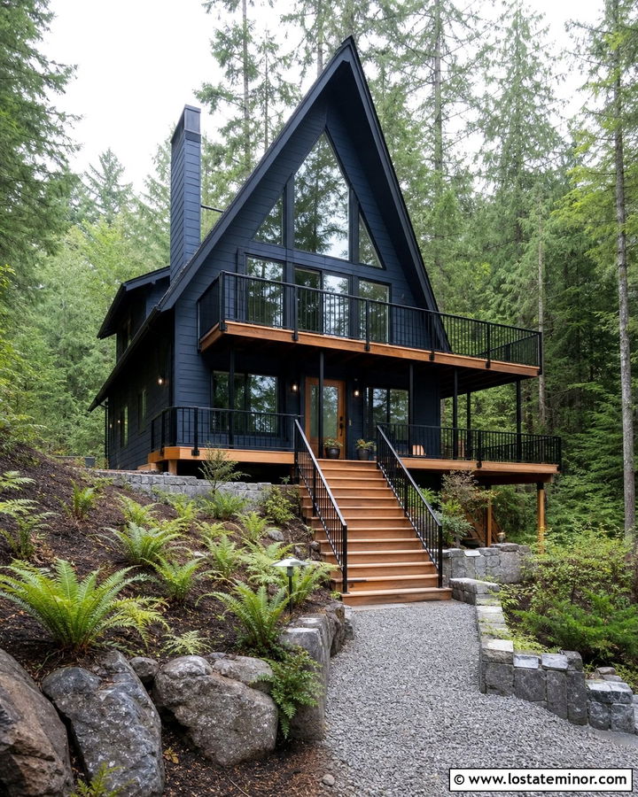 Slate Blue A Frame With Black Deck Railings - 30 Slate Blue House Design With Railings Ideas