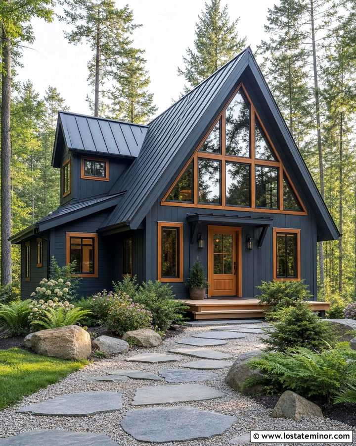 Slate Blue A Frame With Natural Stone Walkway - 30 Slate Blue House Design With Walkway Ideas