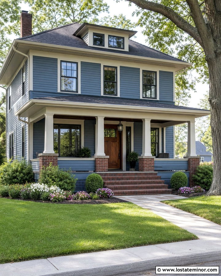 Slate Blue American Foursquare With Hipped Portico - 30 Slate Blue House Design With Portico Ideas