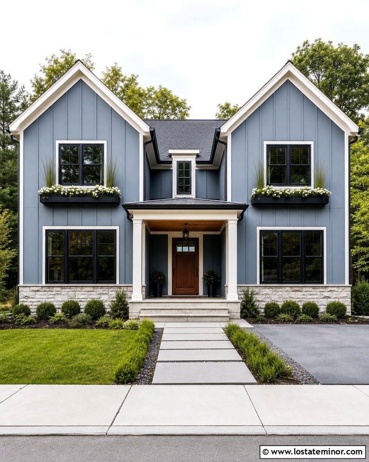 Slate Blue Board And Batten House With Black Window Boxes - 30 Slate Blue House Design With Window Boxes Ideas