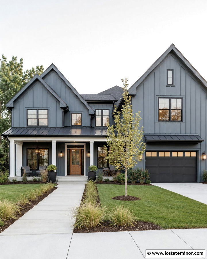 Slate Blue Board And Batten House With Black Windows - 30 Slate Blue House Design With Accents Ideas