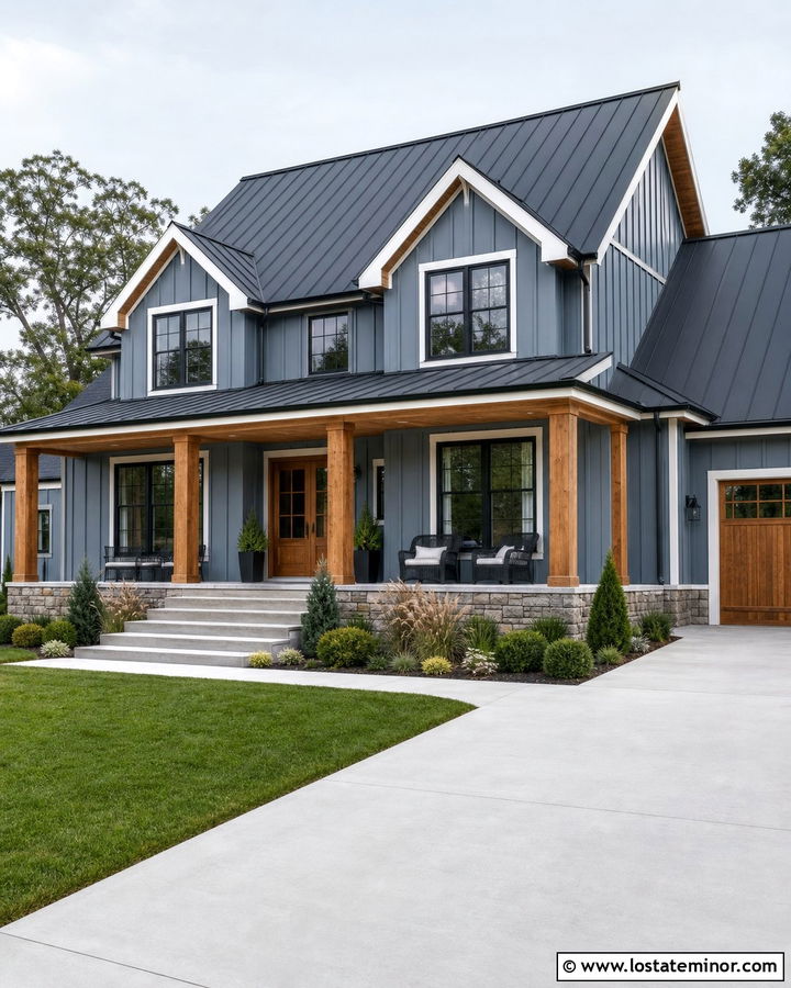 Slate Blue Board And Batten House With Wood Columns - 30 Slate Blue House Design With Porch Columns Ideas