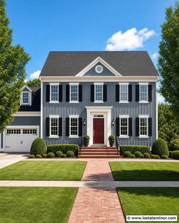 Slate Blue Board And Batten With A Burgundy Door - 30 Slate Blue House Design With Board and Batten Ideas