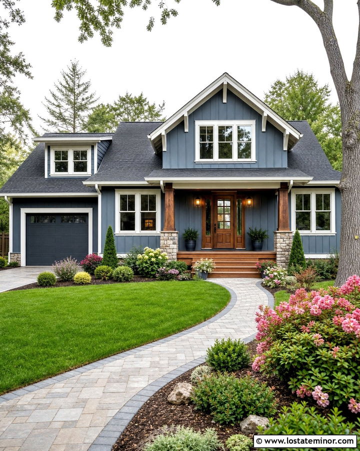 Slate Blue Board And Batten With A Wood Front Door - 30 Slate Blue House Design With Board and Batten Ideas