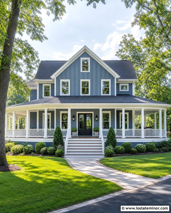 Slate Blue Board And Batten With A Wraparound Porch - 30 Slate Blue House Design With Board and Batten Ideas