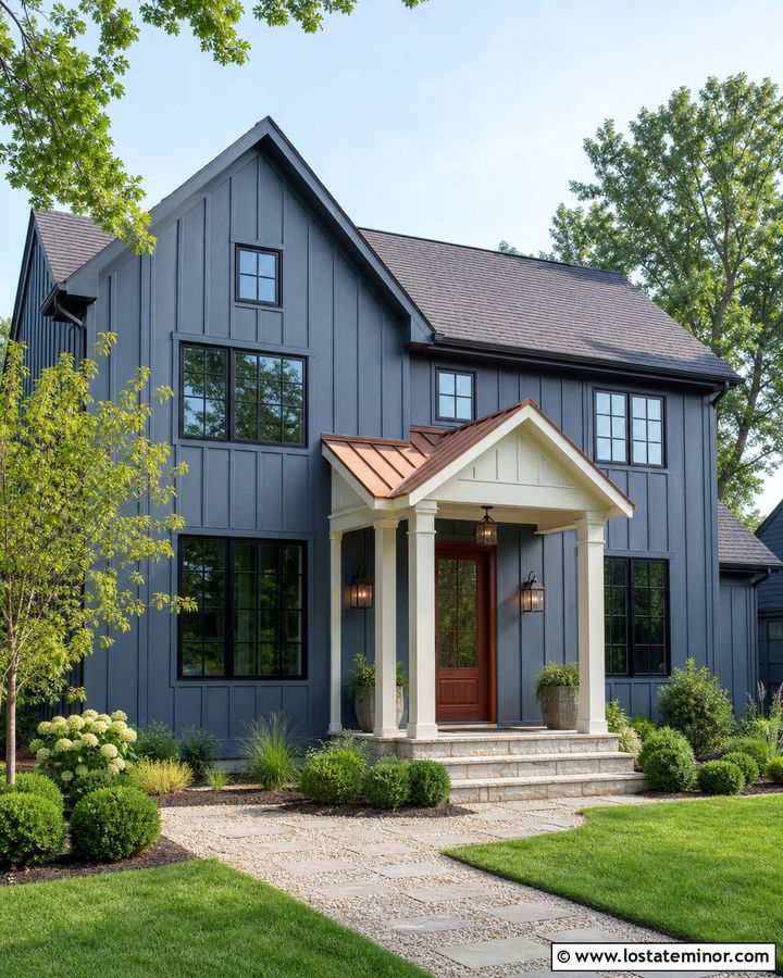 Slate Blue Board And Batten With Copper Portico - 30 Slate Blue House Design With Portico Ideas