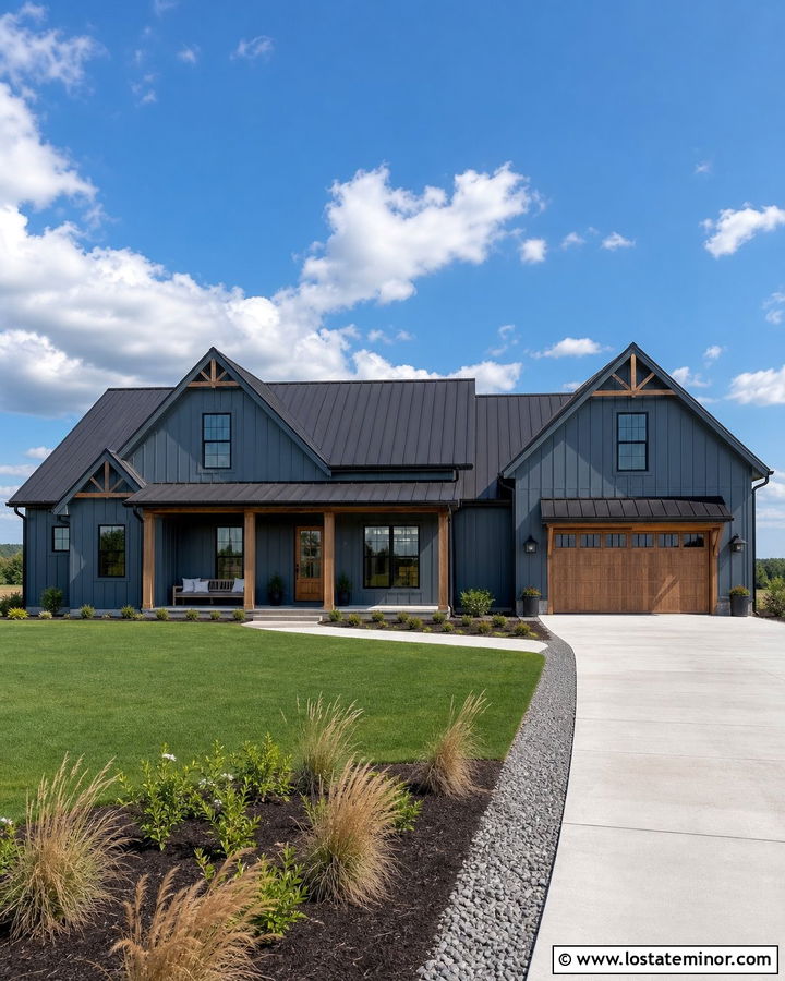 Slate Blue Board And Batten With Gooseneck Lights - 30 Slate Blue House Design With Lighting Ideas