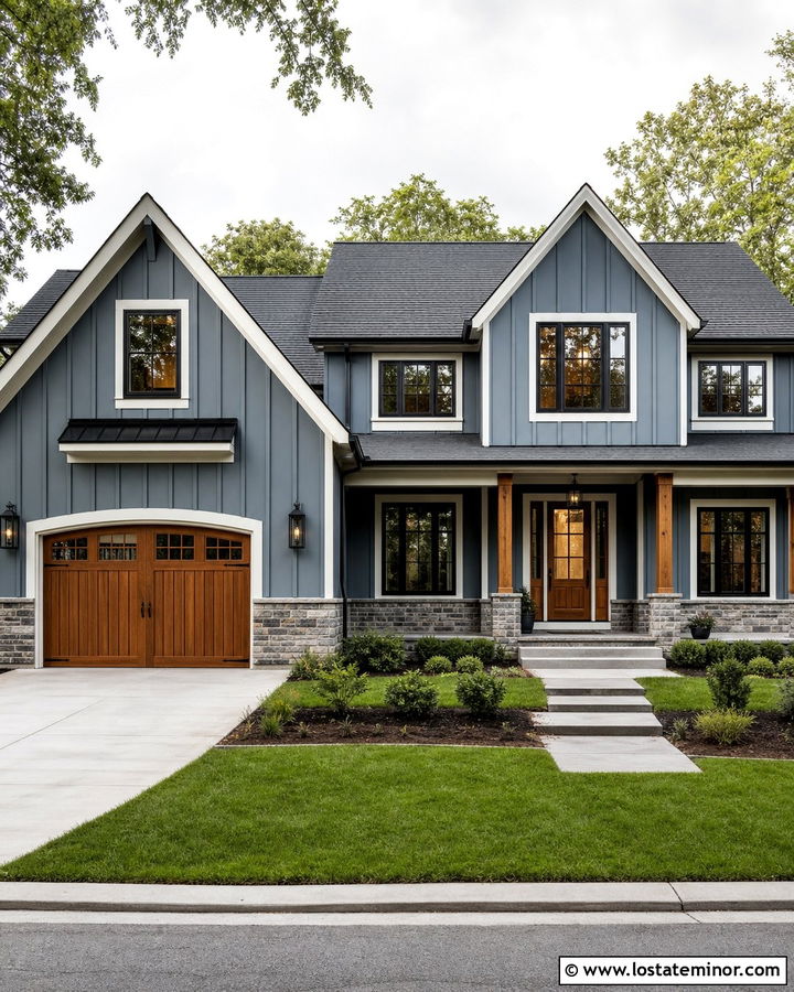 Slate Blue Board And Batten With Stone Wainscoting - 30 Slate Blue House Design With Stone Accents Ideas