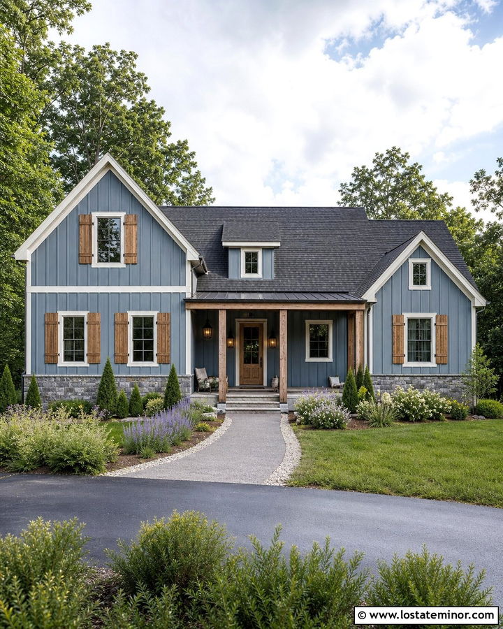 Slate Blue Board And Batten With Wood Shutters - 30 Slate Blue House Design With Board and Batten Ideas