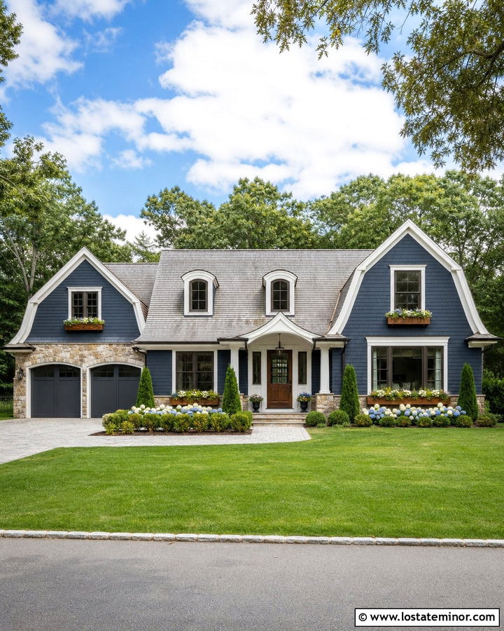Slate Blue Board and Batten With Tan Stone - 30 Stone House Design With Board and Batten Ideas
