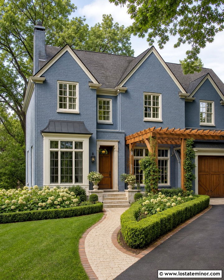 Slate Blue Brick House With Attached Pergola - 30 Slate Blue House Design With Pergola Ideas
