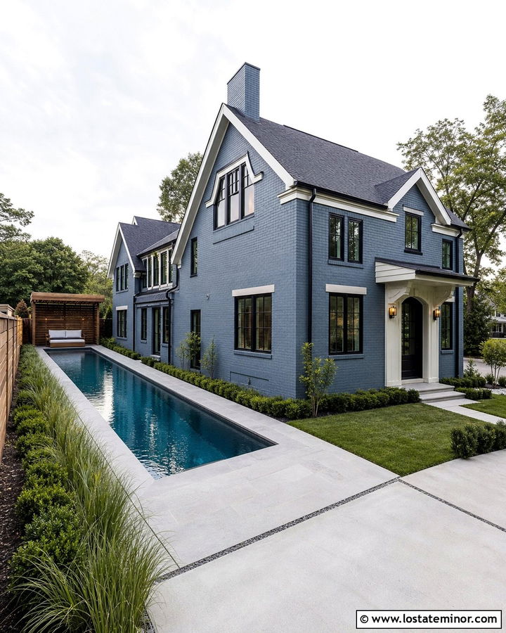 Slate Blue Brick House With Lap Pool - 30 Slate Blue House Design With Swimming Pool Ideas