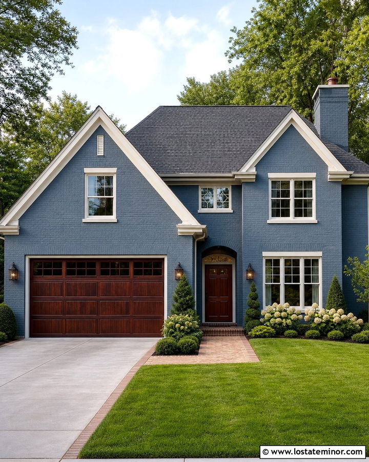 Slate Blue Brick House With Mahogany Garage Door - 30 Slate Blue House Design With Garage Door Ideas