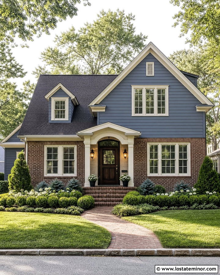 Slate Blue Brick House With Painted Siding And Evergreen Beds - 30 Slate Blue House Design With Front Yard Ideas