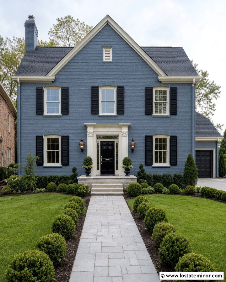 Slate Blue Brick House With Traditional Coach Lights - 30 Slate Blue House Design With Light Fixtures Ideas