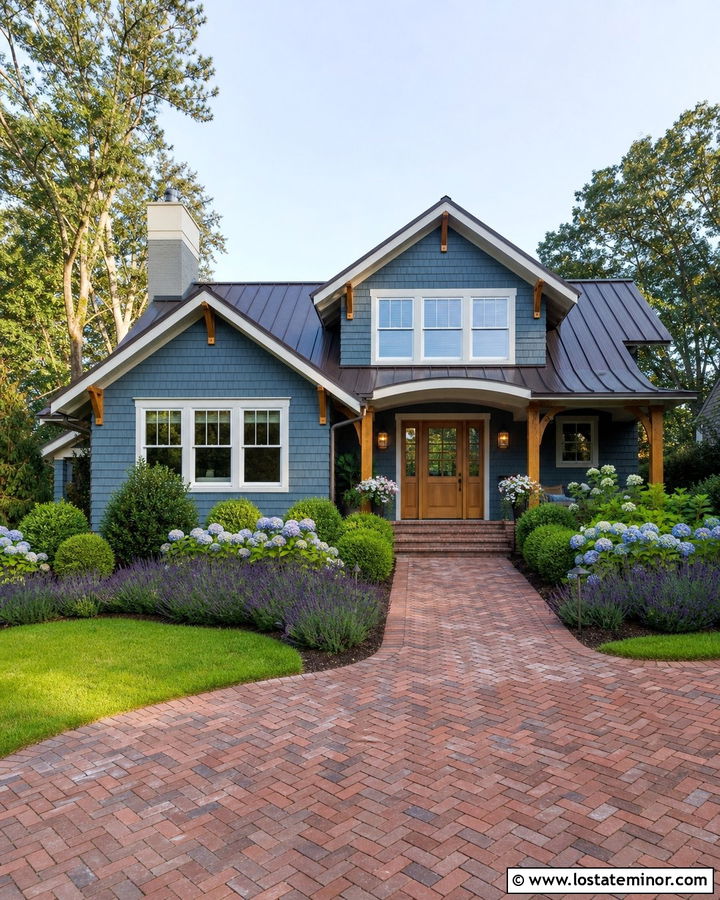 Slate Blue Bungalow With Brick Driveway - 30 Slate Blue House Design With Driveway Ideas
