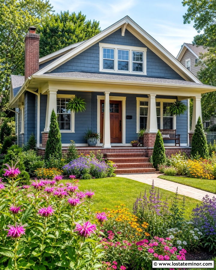 Slate Blue Bungalow With Brick Steps And Pollinator Garden - 30 Slate Blue House Design With Front Yard Ideas
