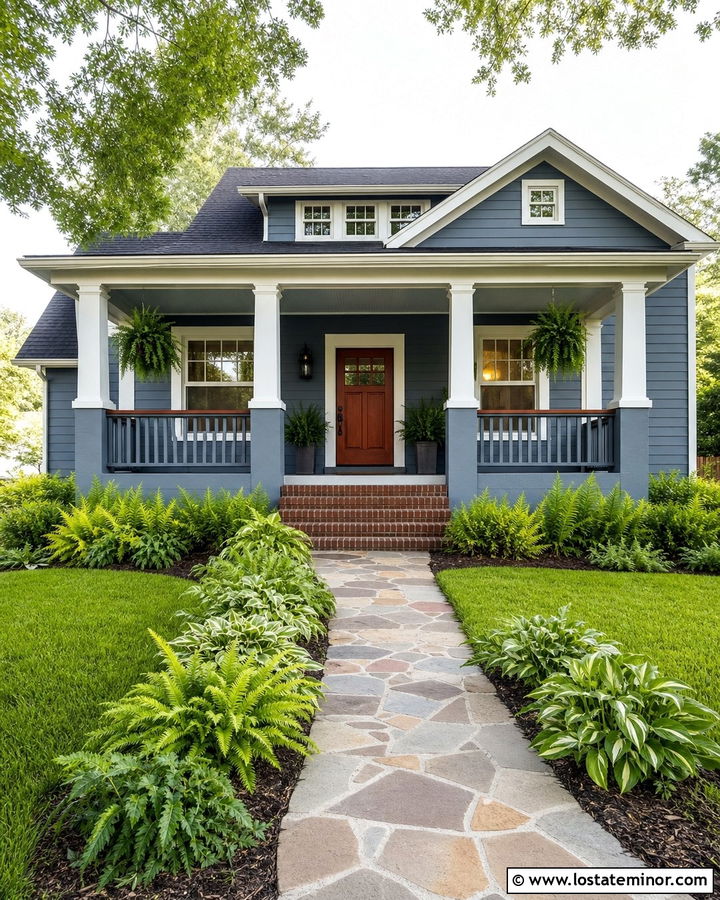 Slate Blue Bungalow With Craftsman Railings - 30 Slate Blue House Design With Railings Ideas