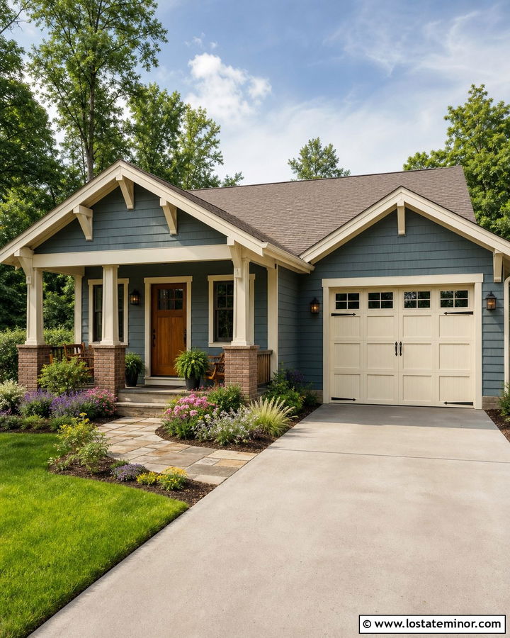 Slate Blue Bungalow With Cream Garage Door - 30 Slate Blue House Design With Garage Door Ideas