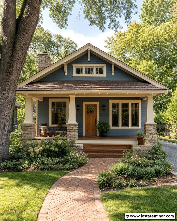 Slate Blue Bungalow With Cream Porch Columns - 30 Slate Blue House Design With Porch Columns Ideas