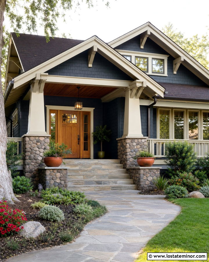 Slate Blue Bungalow With Deep Front Portico - 30 Slate Blue House Design With Portico Ideas