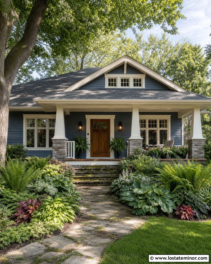 Slate Blue Bungalow With Fern Landscaping - 30 Slate Blue House Design With Landscaping Ideas
