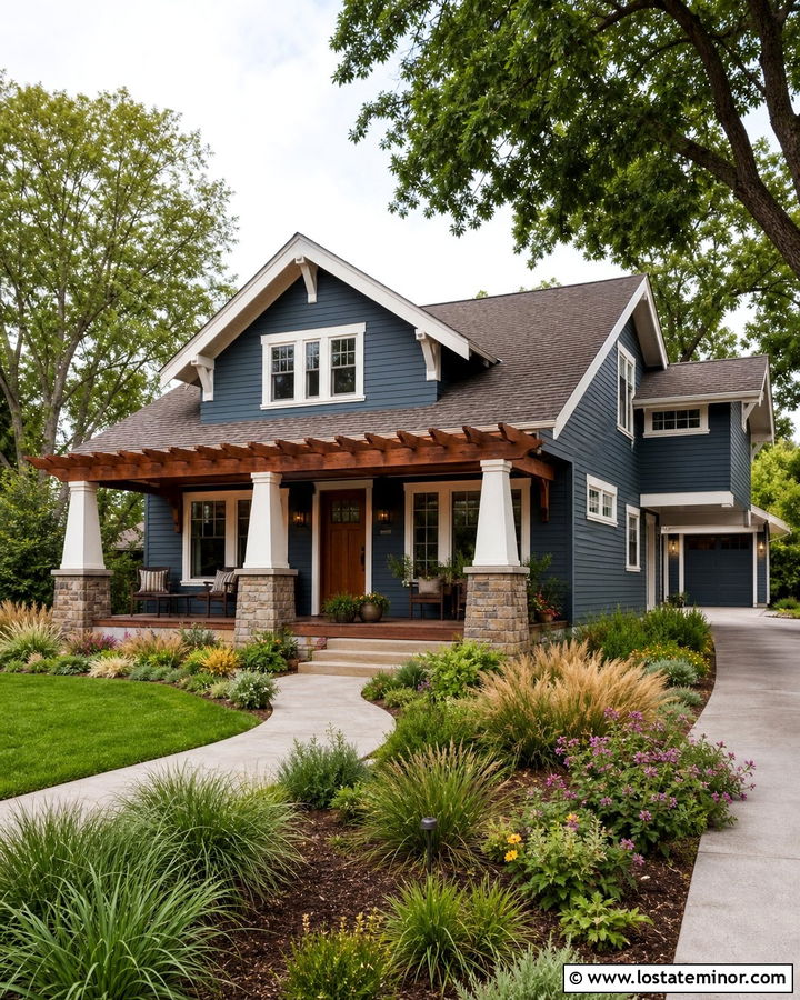Slate Blue Bungalow With Front Porch Pergola - 30 Slate Blue House Design With Pergola Ideas