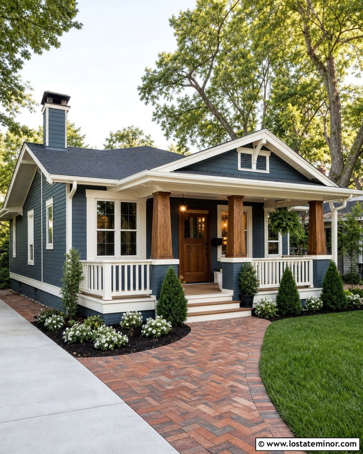 Slate Blue Bungalow With Herringbone Brick Walkway - 30 Slate Blue House Design With Walkway Ideas