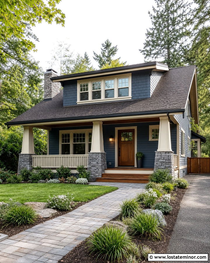 Slate Blue Bungalow With One Wide Dormer - 30 Slate Blue House Design With Dormers Ideas