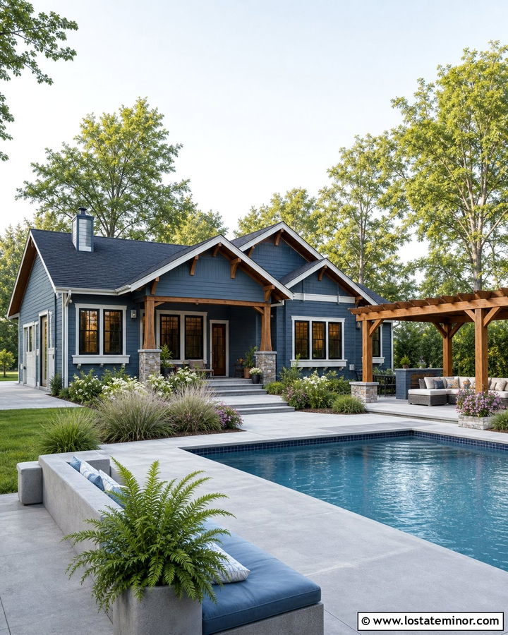 Slate Blue Bungalow With Poolside Pergola - 30 Slate Blue House Design With Swimming Pool Ideas