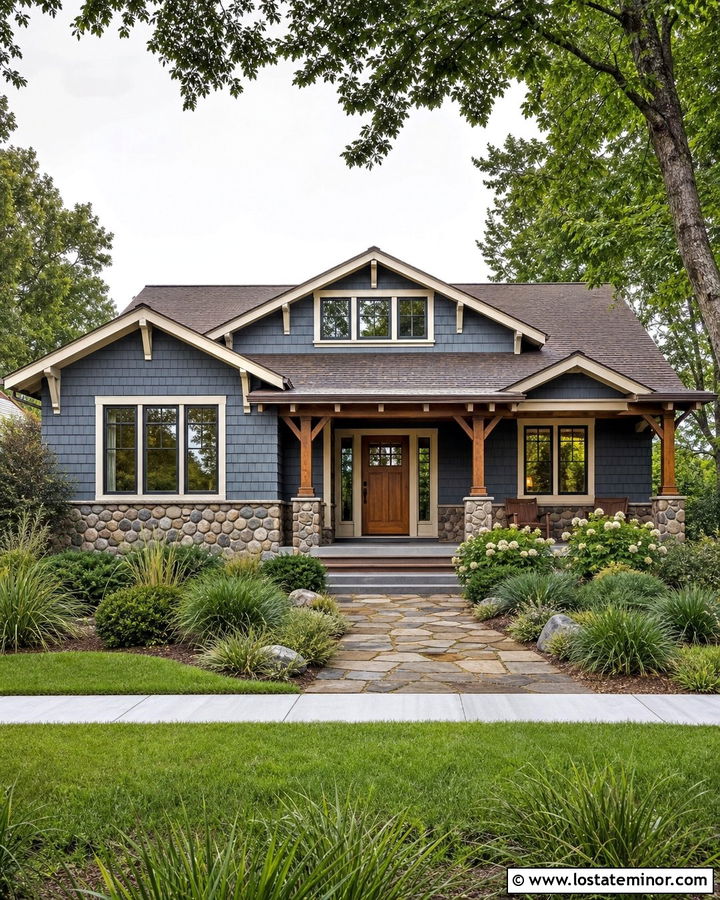 Slate Blue Bungalow With River Rock Wainscoting - 30 Slate Blue House Design With Wainscoting Ideas