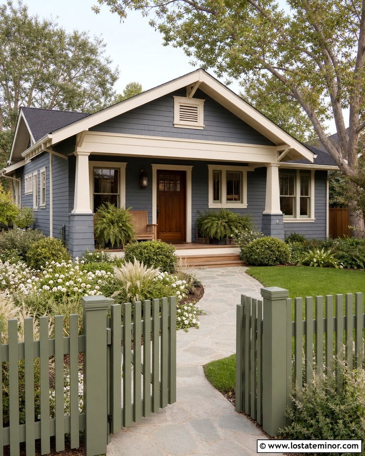 Slate Blue Bungalow With Sage Green Fence - 30 Slate Blue House Design With Fence Ideas