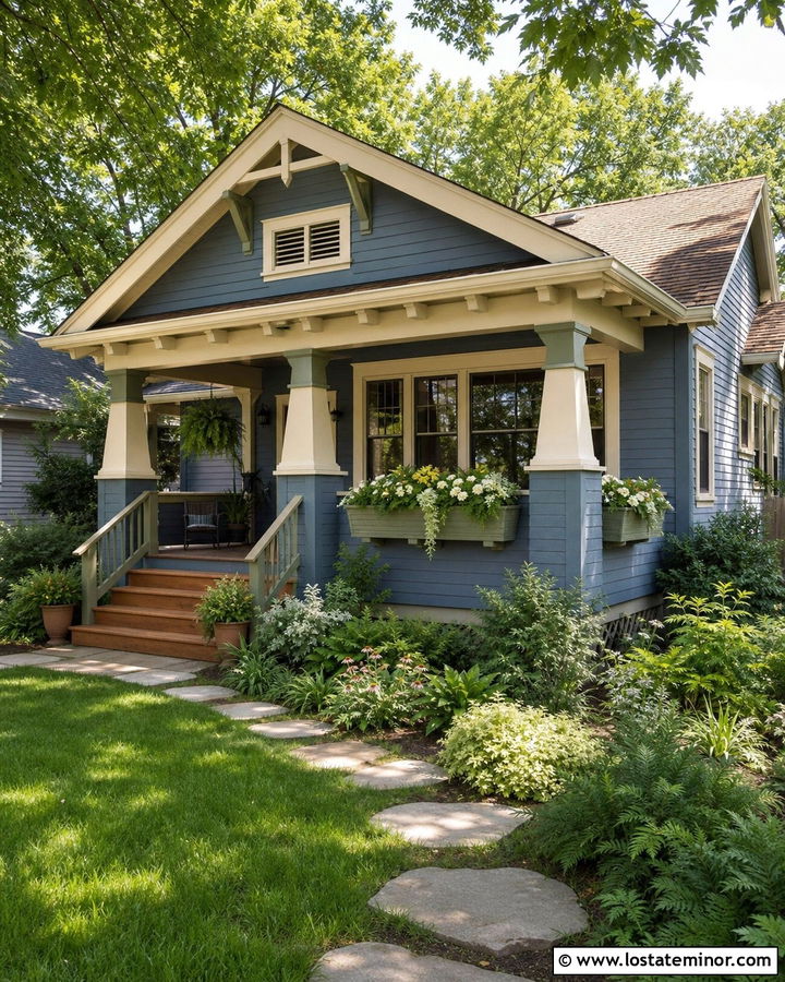 Slate Blue Bungalow With Sage Green Window Boxes - 30 Slate Blue House Design With Window Boxes Ideas