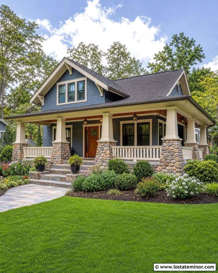 Slate Blue Bungalow With Stone Columns - 30 Slate Blue House Design With Stone Accents Ideas