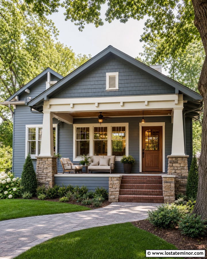 Slate Blue Bungalow With Wide Porch - 30 Slate Blue House Design With Siding Ideas