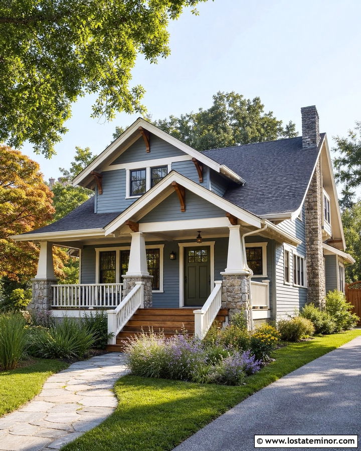 Slate Blue Bungalow With Wood Porch Steps - 30 Slate Blue House Design With Steps Ideas