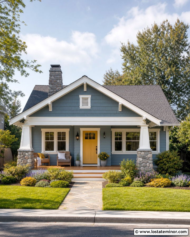 Slate Blue Bungalow With Yellow Door And Stone Chimney - 30 Slate Blue House Design With Chimney Ideas
