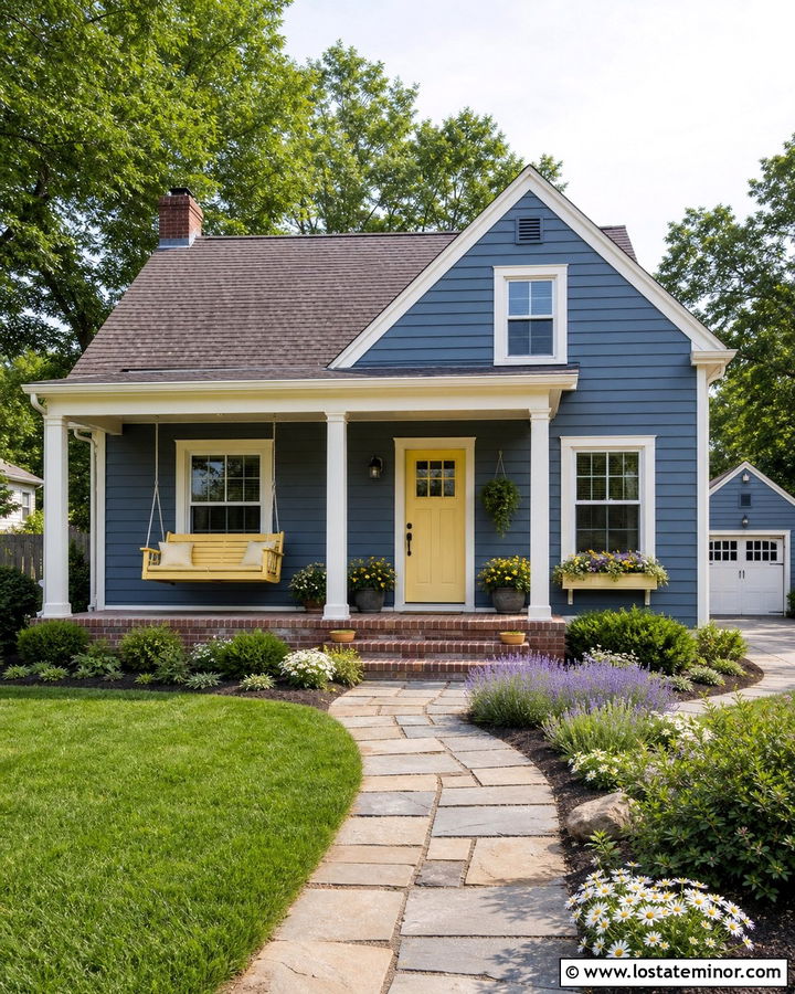 Slate Blue Bungalow With Yellow Swing - 30 Slate Blue House Design With Swing Ideas