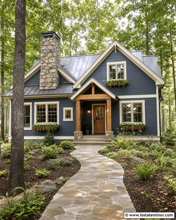 Slate Blue Cabin With Fern Window Boxes - 30 Slate Blue House Design With Window Boxes Ideas