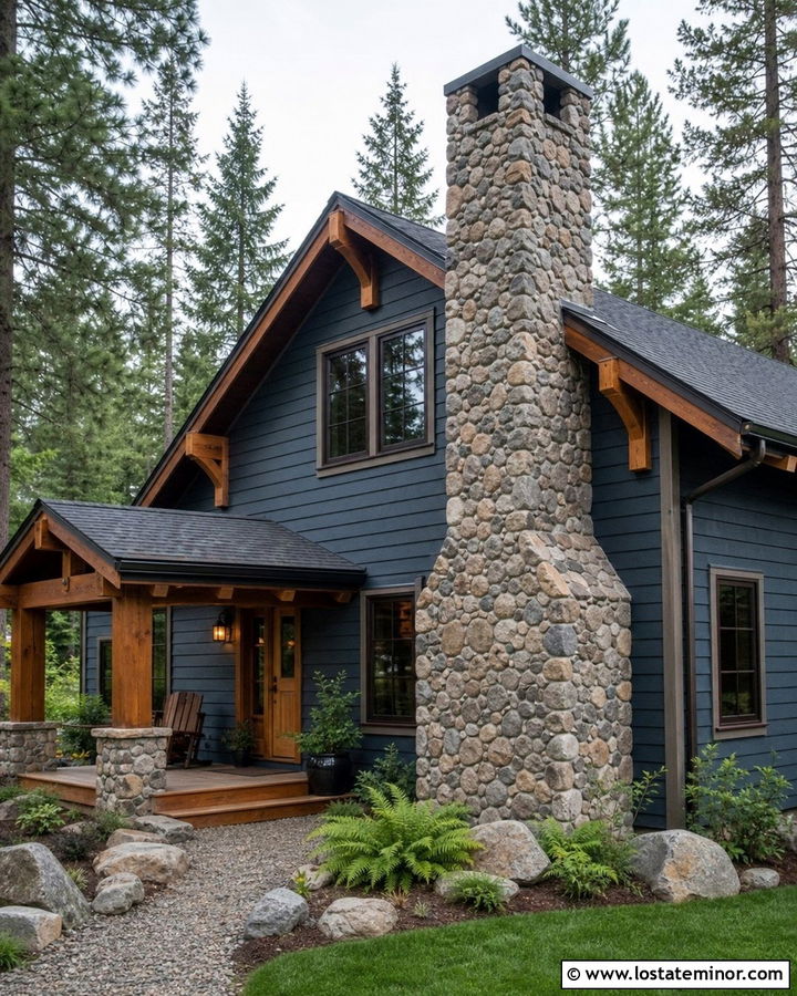 Slate Blue Cabin With River Rock Chimney - 30 Slate Blue House Design With Chimney Ideas