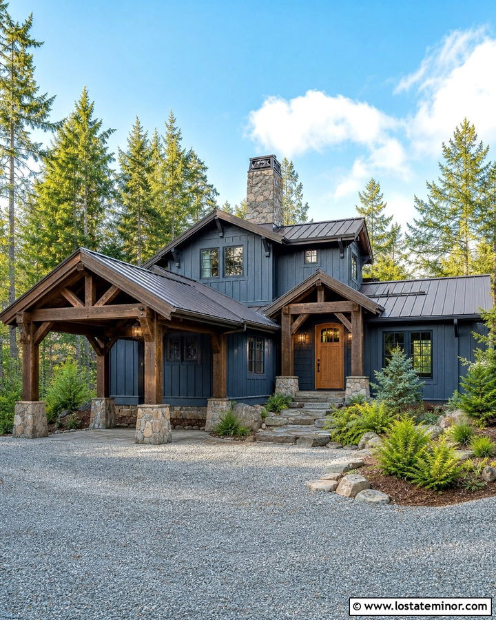 Slate Blue Cabin With Timber Carport - 30 Slate Blue House Design With Carport Ideas