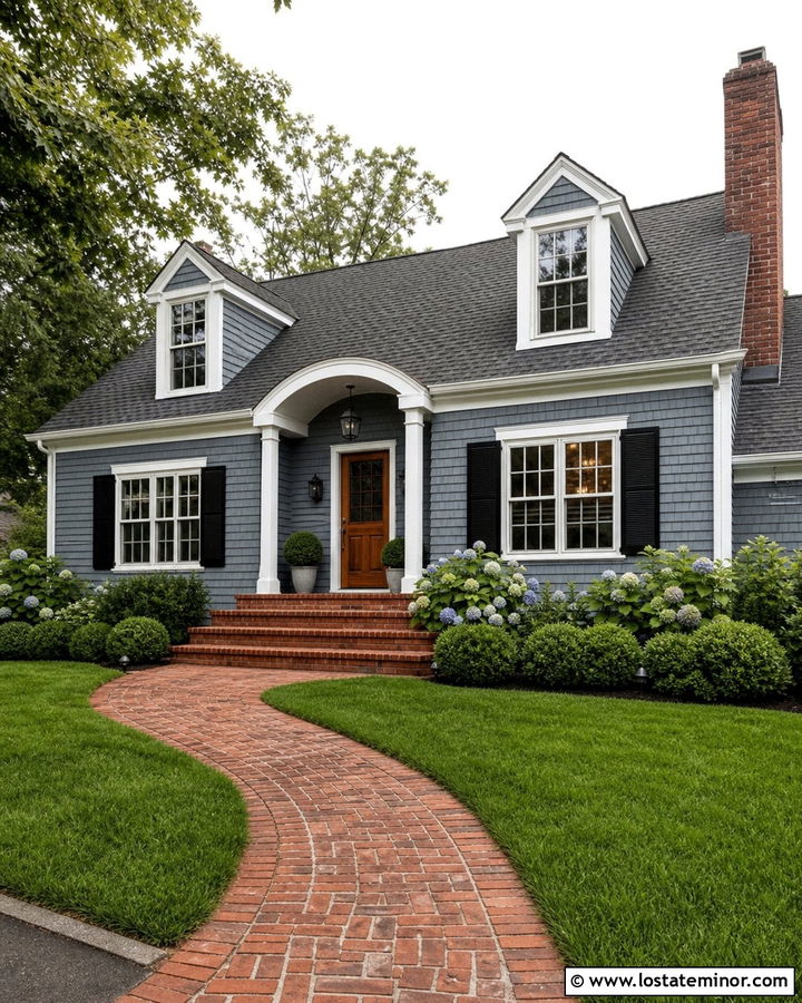 Slate Blue Cape Cod House With Brick Steps - 30 Slate Blue House Design With Steps Ideas