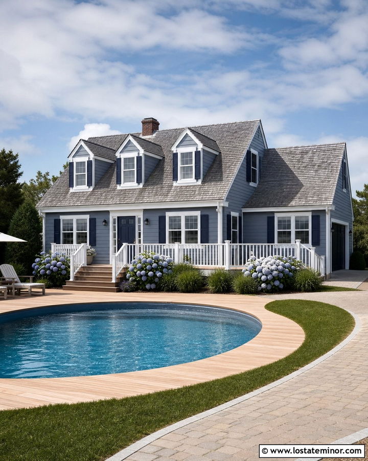 Slate Blue Cape Cod House With Round Pool - 30 Slate Blue House Design With Swimming Pool Ideas