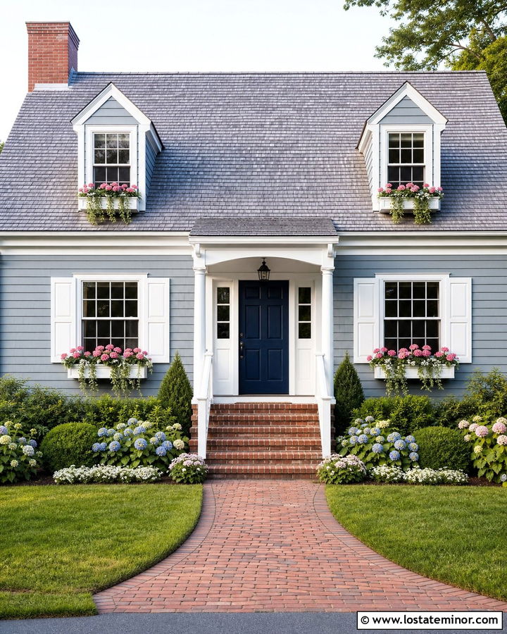Slate Blue Cape Cod House With White Window Boxes - 30 Slate Blue House Design With Window Boxes Ideas