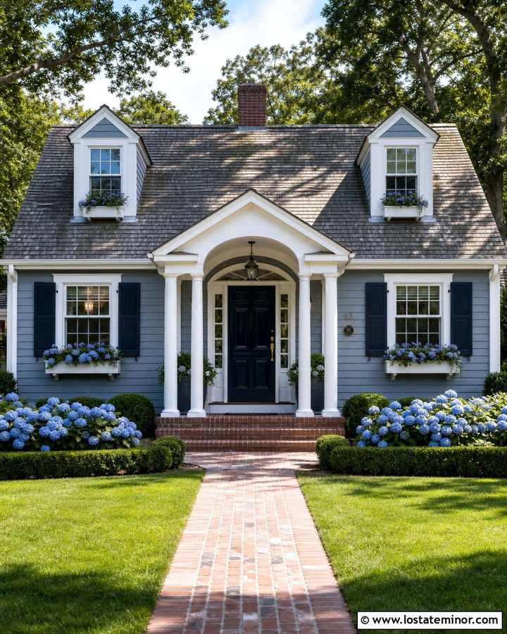 Slate Blue Cape Cod With Arched Portico - 30 Slate Blue House Design With Portico Ideas
