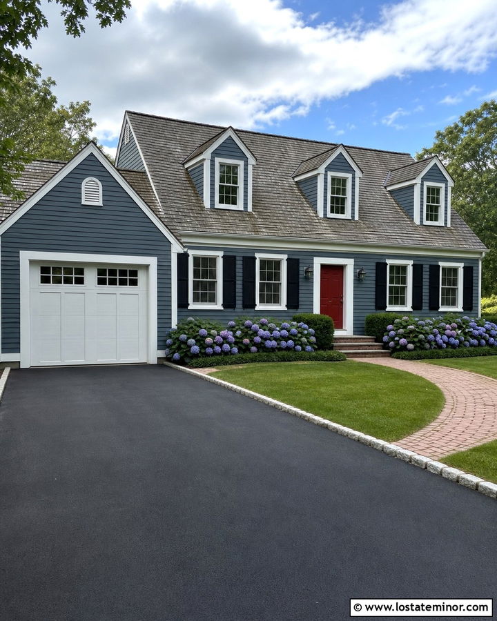 Slate Blue Cape Cod With Asphalt Driveway - 30 Slate Blue House Design With Driveway Ideas