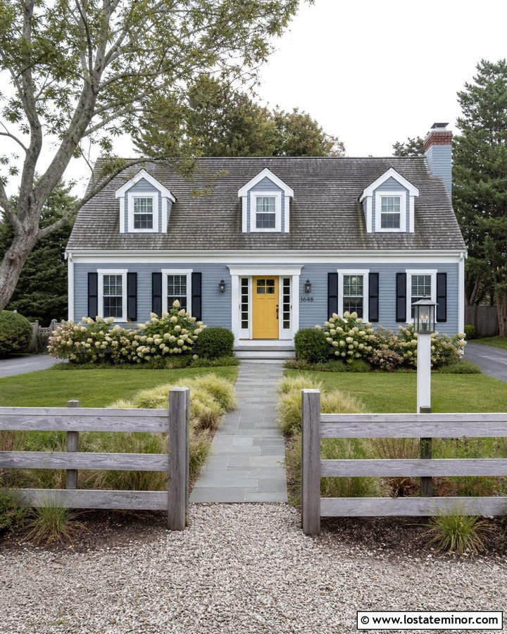Slate Blue Cape Cod With Gray Fence - 30 Slate Blue House Design With Fence Ideas